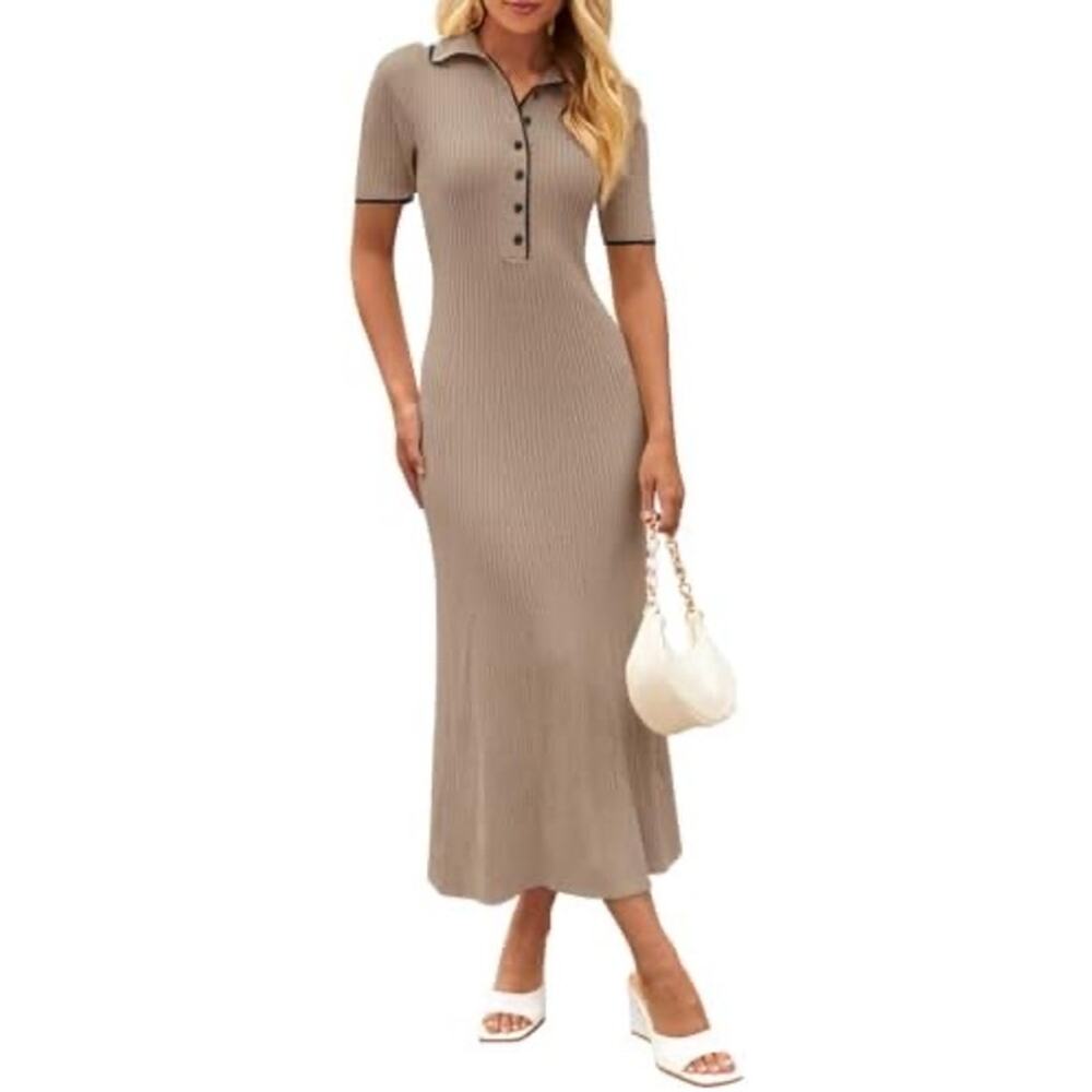 Merokeety Ribbed Polo Sweater Midi Dress Size M Medium NWT Brown - Picture 7 of 7